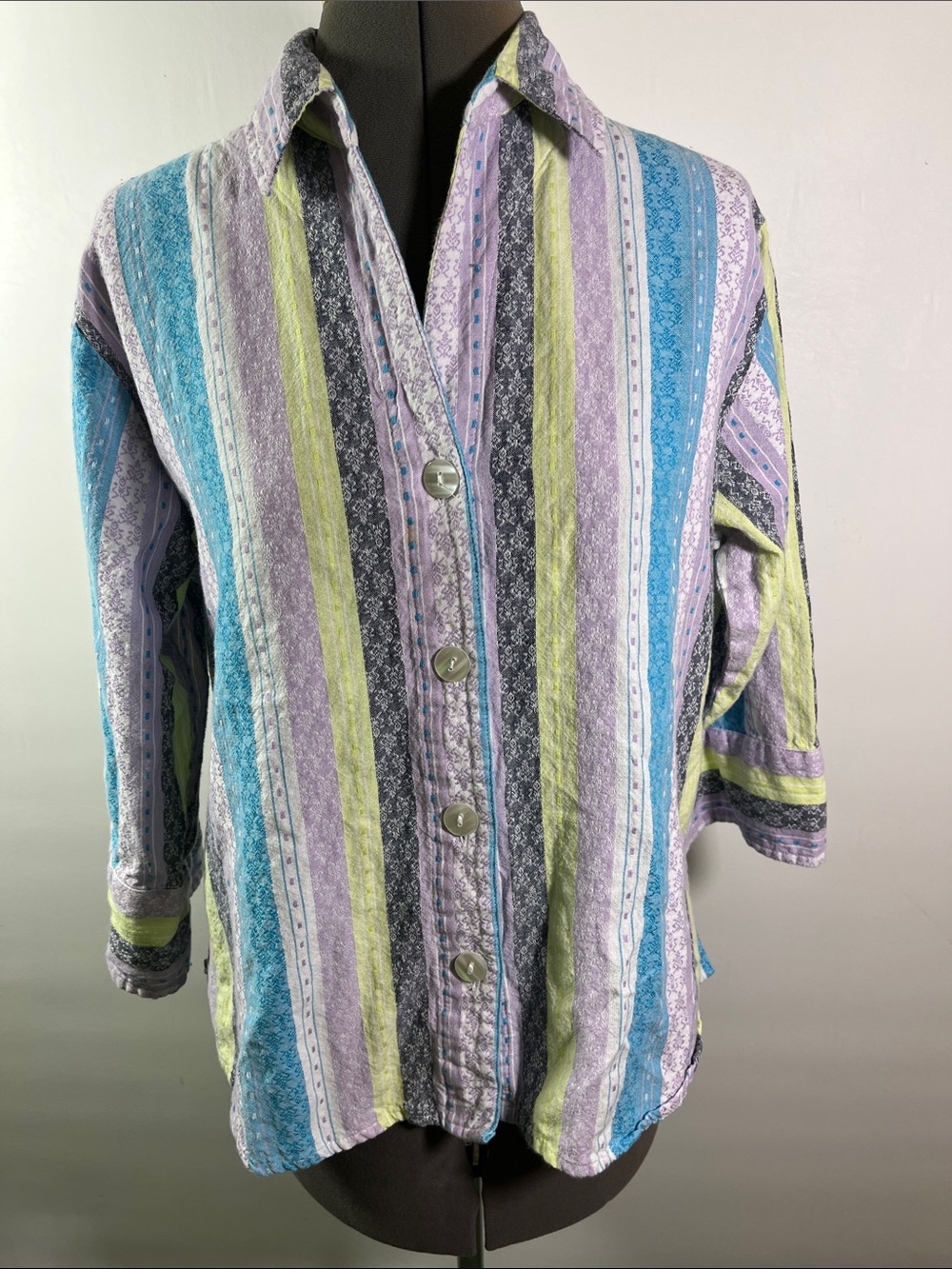 Baxter & Wells Casual Striped Button-Up Top/Blouse  in Pastel Multi Size L